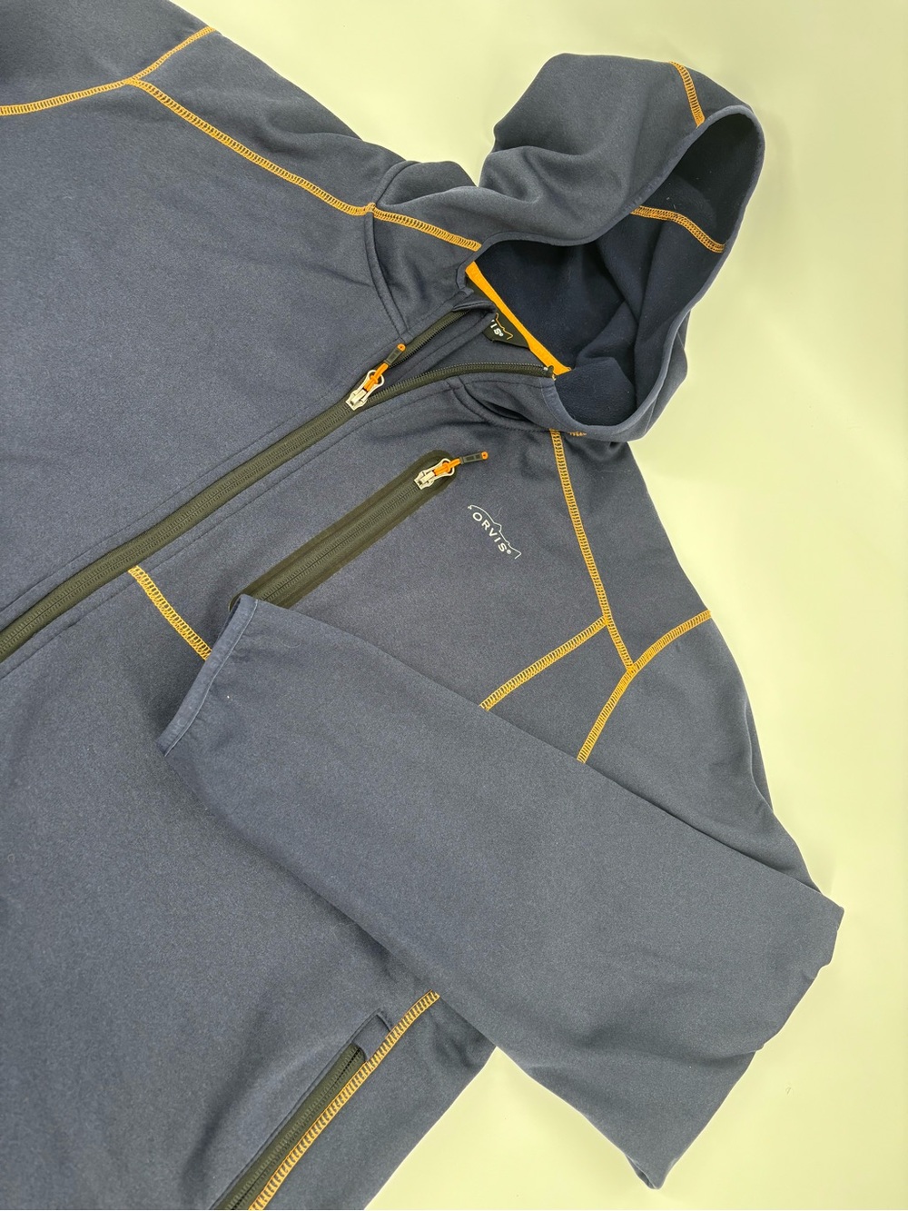 Orvis Mens Fleece Hoodie Jacket XXL Navy Blue Full Zip Orange Contrast Stitch